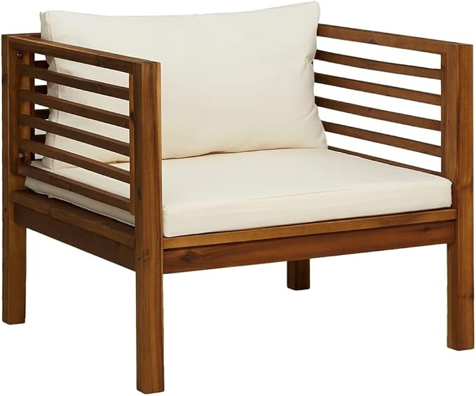 Patio Armchair with Cream White Cushions, Solid Acacia Wood Chair, Wooden Patio Chair Outside Chair Outdoor Dining Chair Patio Club Chair with Armrest for Porch, Deck, Backyard,-433