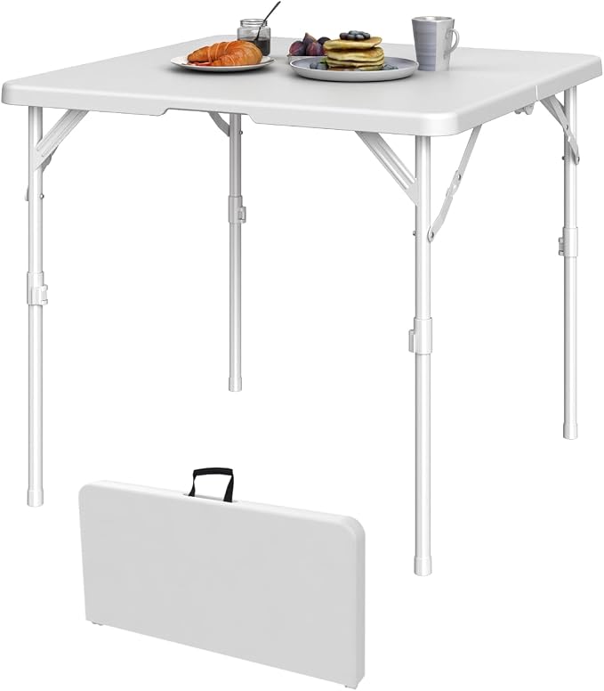 34" Folding Table, Portable Square Card Table with Collapsible Legs and Carrrying Handle, White Plastic Foldable Tables for Camping, Picnic, Office, Party, Events, Puzzle, Games, Working