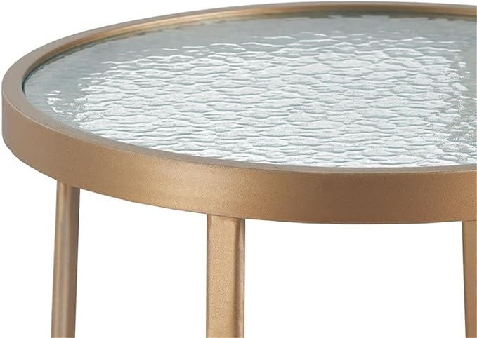 Afuera Living Modern Outdoor Side Table, 20" D x 20" W x 22" H, French Gold Metal Frame, Tempered Glass Top, Stylish Patio End Table for Drinks, Snacks, or Decorative Accents