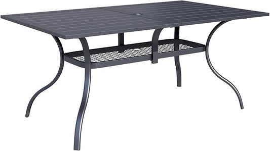 60" x 37" Patio Dining Table, Outdoor Rectangle Bistro Metal Table with Steel Slat Table Top for Porch Deck Garden Backyard Poolside, 1.57" Umbrella Hole, Black