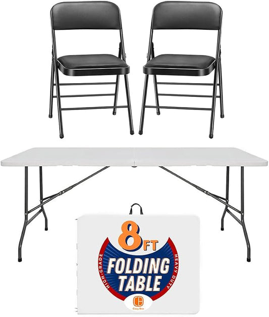Combo 8FT Folding Table with 2-Pack Folding Chairs Indoor Outdoor Heavy Duty Portable Folding Plastic Dining Table w/Handle, Lock for Picnic, Party, Camping - White (8ft)