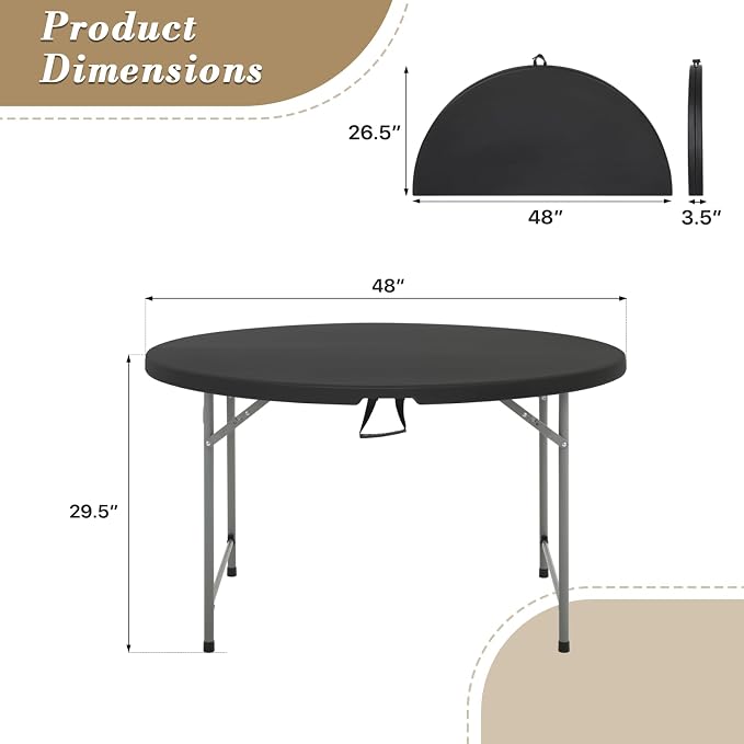 Athena Collection 4ft Folding Table, Indoor Outdoor Foldable Round Card Portable Plastic Craft Table with Lock & Handle, Collapsible Dining Desk for Commercial Party Camping, Black