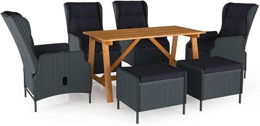 7-Piece Outdoor Dining Set Dark Grey Acacia Wood & PE Rattan Patio Furniture Set Rectangular Table Reclining Chairs for Garden Backyard Balcony