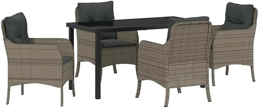 Afuera Living 5 Piece Poly Rattan Patio Dining Set, Cushioned Seats, Gray Finish, UV-Resistant, Powder-Coated Steel Frame, Tempered Glass Table, Modern Style Outdoor Furniture for Garden or Terrace