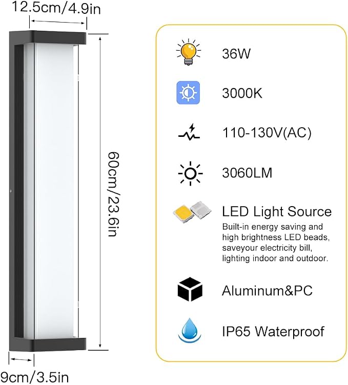 Dimmable Outdoor Wall Lights 2Packs,10%-100% Dimming,23.6in LED Modern Patio Wall Light Fixture, Black Exterior Sconce for Garage Courtyard Commercial House(3000K)