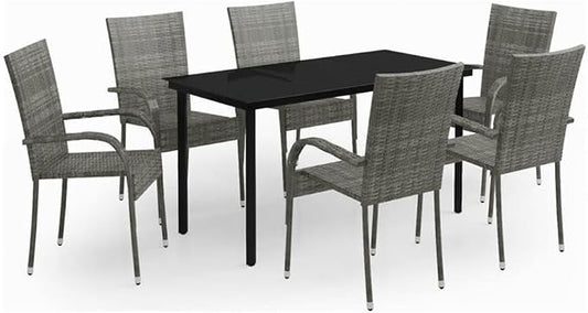 Afuera Living 7-Piece Garden Dining Set, Gray and Black Finish, PE Rattan and Powder-Coated Steel, 55.1 in Rectangular Table, Weather-Resistant, Modern Patio or Terrace Furniture, Seats 6
