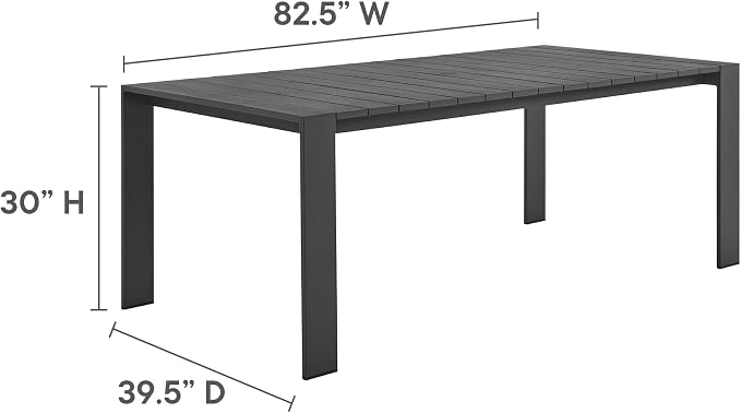 Modway Tahoe Outdoor Patio Powder-Coated Aluminum Rectangular Dining Table in Gray - Large 83 Inch Patio Table with Umbrella Hole and Cover - 8 Person Dining Table - Slatted Patio Furniture Table