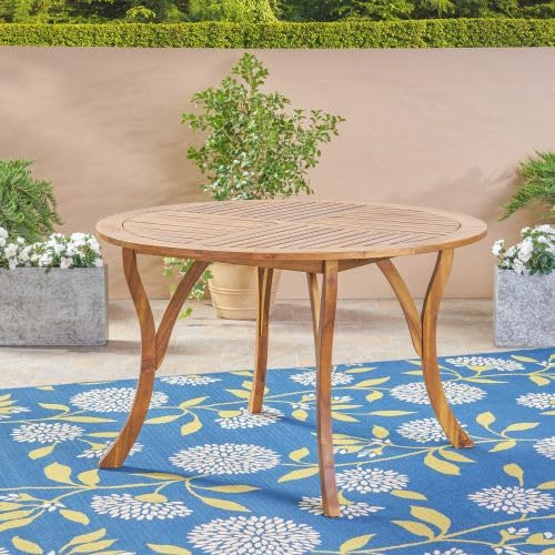 47.25" Round Acacia Wood Dining Table with Teak Finish, Weather-Resistant Slatted Patio Table for Outdoor & Indoor Use