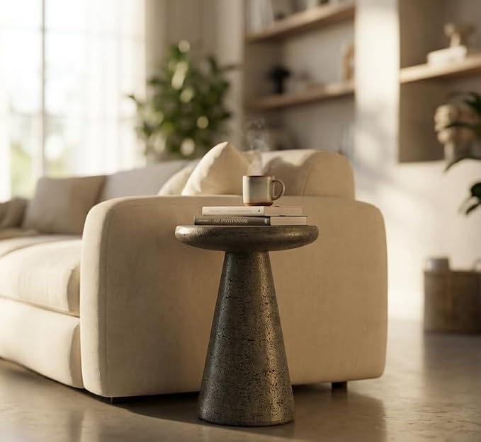 Modern Outdoor Side Table, Lightweight Faux Concrete Accent Table, Sculptural Decorative End Table for Patio, Balcony & Indoor Living Spaces