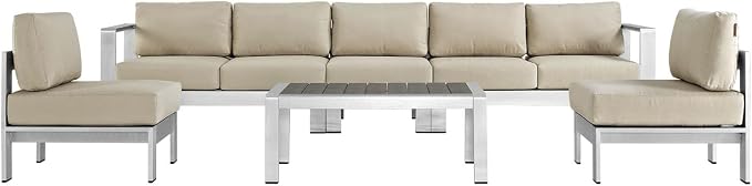 Modway Shore 6-Piece Aluminum Outdoor Patio Sectional Sofa Set in Silver Beige