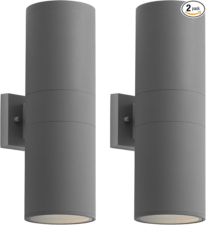 mirrea 18" Modern Outdoor Porch Light in 2 Lights, Matte Gray, 2 Pack | Aluminum cylinder exterior fixtures, tempered glass cover, waterproof wall sconce & patio light for outdoor use.