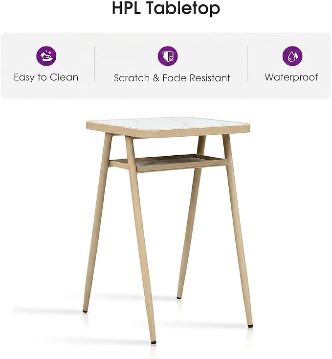 PURPLE LEAF Counter Height Bar Aluminum Table with Shelve for Indoor and Outdoor Garden Natural Wood Grain