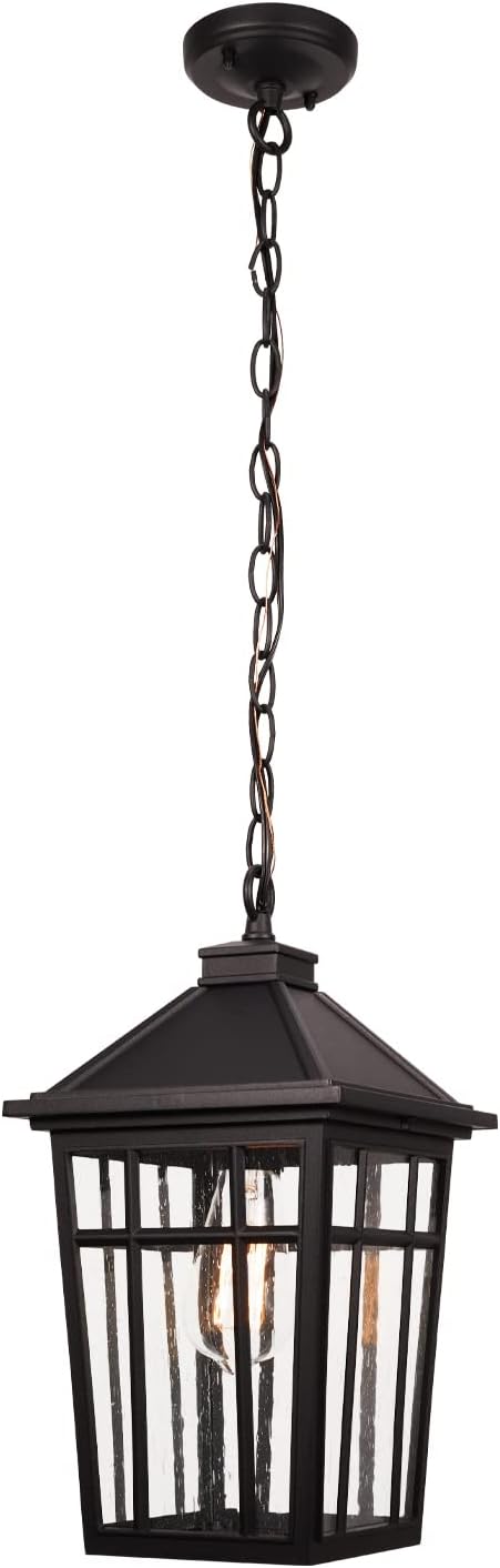 Darkaway Large Outdoor Pendant Light Fixture, 16inch Outdoor Hanging Light Porch Lights Fixtures Anti-Rust Waterproof Aluminum with Seeded Glass for Porch Entryway Doorway Farmhouse (Black，Large)