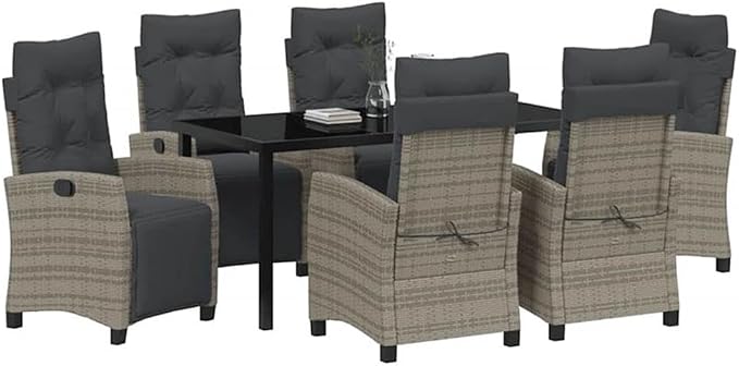 Afuera Living 7 Piece Poly Rattan Patio Dining Set, Gray Woven Texture, Glass-Topped Table, Steel Frame, Cushioned Chairs with Adjustable Backrests, Modern Outdoor Furniture for Garden or Terrace