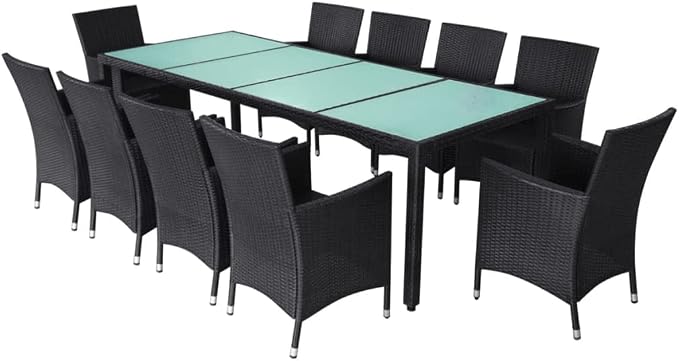 11 Piece Outdoor Patio Dining Set with Cushions Poly Rattan Black, All-Weather Wicker Garden Furniture with Tempered Glass Tabletop and 10 Chairs for Backyard Deck Poolside Entertaining