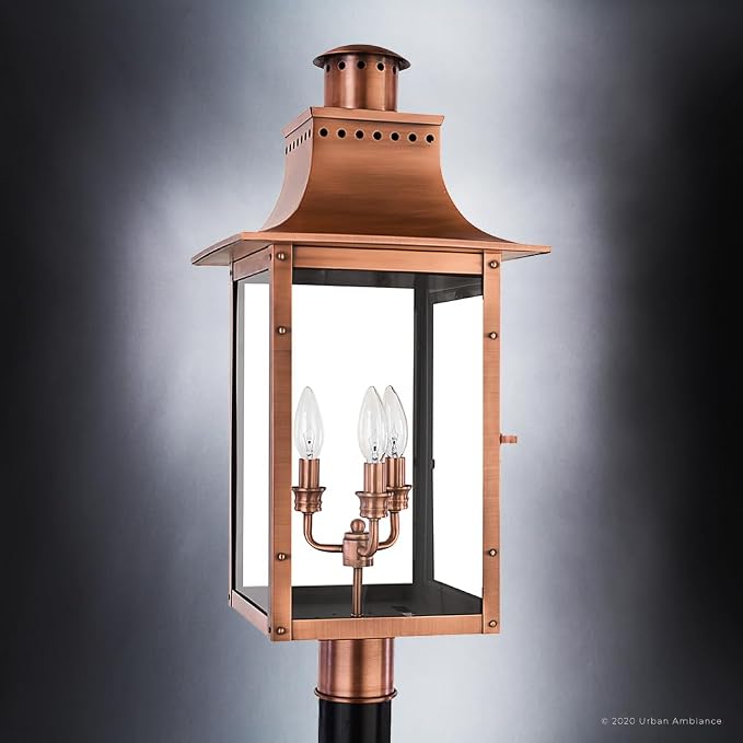 Luxury Antique Outdoor Post/Pier Light, Large Size: 26" H x 12" W, with French Country Style Elements, Rustic Copper Finish, UQL1410, Longview Collection