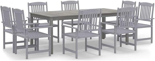 Afuera Living 9-Piece Solid Acacia Wood Patio Dining Set, Gray Oiled Finish, Rectangular Table with 8 Chairs, Weather Resistant, Umbrella Hole, Outdoor Garden Furniture for Terrace or Balcony Dining