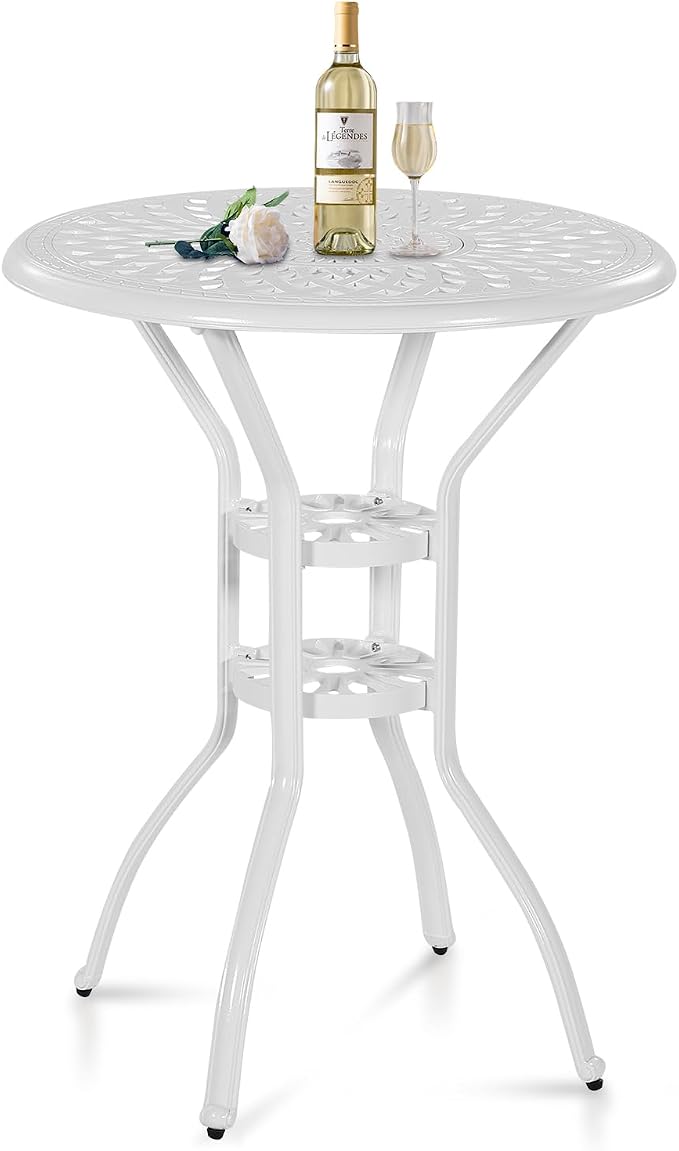 Cast Aluminum Patio Bar Table, 31" Outdoor Bar Height Bistro Table with 2" Umbrella Hole, Patio Bistro Round High Top Dining Table Pub Table for Porch Balcony Backyard, White