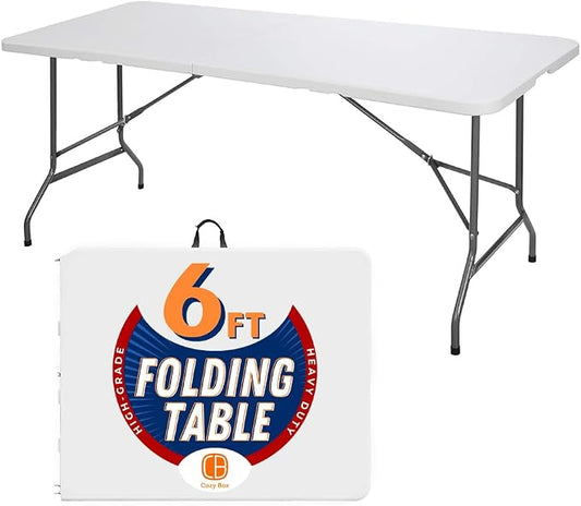 Folding Table Indoor Outdoor Heavy Duty Portable Folding Plastic Dining Table w/Handle, Lock for Picnic, Party, Camping - White (4ft, 6ft, 8ft) (6ft)