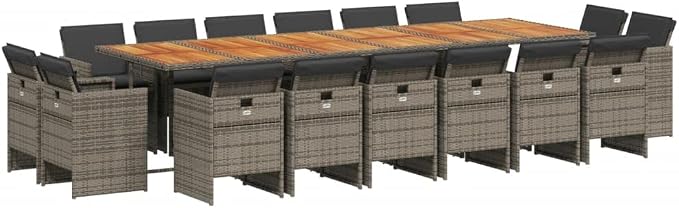 17-Piece Gray PE Rattan Outdoor Patio Dining Set with Cushions, Foldable Chairs & Acacia Wood Table for Backyard Garden Balcony Porch