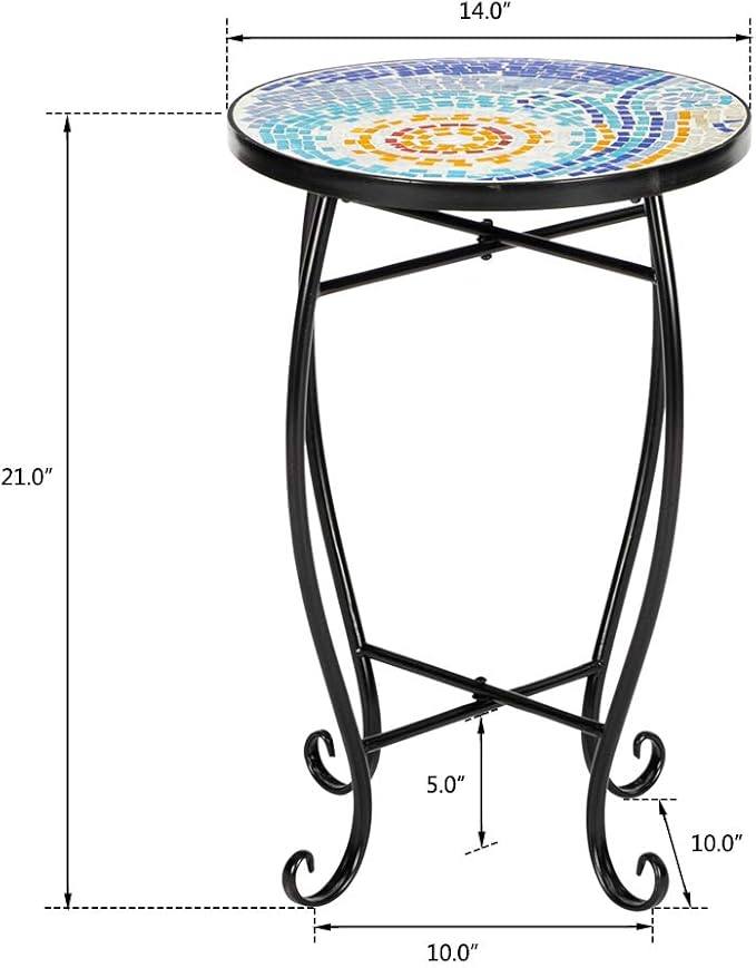 Bonnlo Mosaic Print Accent Table, 14" Round Side Table,End Table, Plant Stand Decor for Patio Porch Balcony Back Deck Pool Indoor Outdoor Coffee, Metal Cobalt Glass Top Black Iron (Yellow Sun)