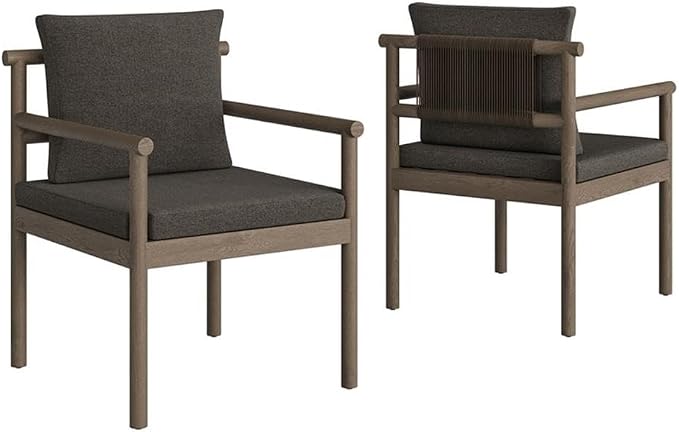 MAKLAINE 7-Piece Outdoor Patio Dining Set, Solid Teak Wood, 89 Inch Rectangular Table, Weathered Gray Flint Finish, Woven Rope Chair Backrest, Removable Cushions, Non-Marking Foot Caps, Deck or Patio
