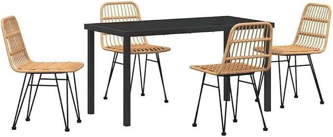 Afuera Living 5 Piece Poly Rattan Garden Dining Set, Brown Finish, Powder-Coated Steel Frames, Weather-Resistant UV-Protected Materials, Rectangular Table, Seating for 4, Modern Patio or Garden