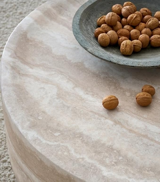 Faux Marble Round Side Table for Living Room Faux Stone Side Table End Tables Modern Travertine Circle End Tables for Apartment, No Need Assembly (Fiberglass-15.74'')