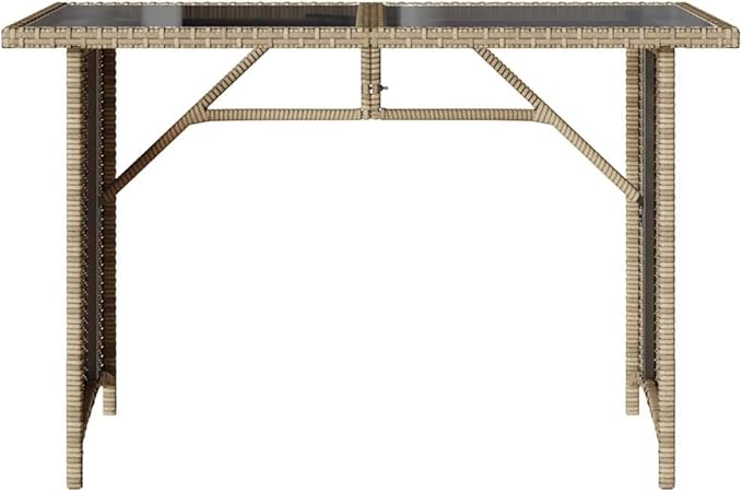 Beige Garden Table Rectangular with PE Rattan, Powder-Coated Steel Frame, and Tempered Glass Top for Outdoor Dining