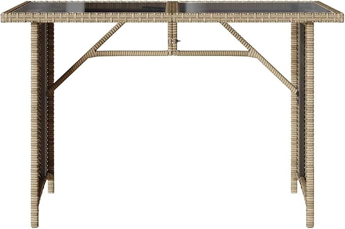 Modern Outdoor Dining Table with Tempered Glass Top and Beige PE Rattan Frame on Powder Coated Steel Base for Patio Garden, 43.3 Inch Long 26.8 Inch Wide