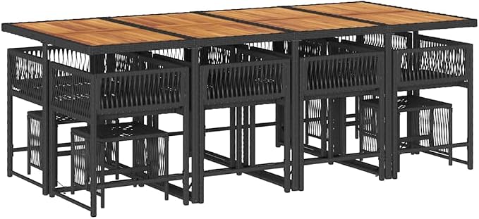 12-Seater Garden Dining Set Black PE Rattan Outdoor Table and Chairs Foldable Patio Furniture Set with Acacia Wood Top for Backyard Terrace and Deck