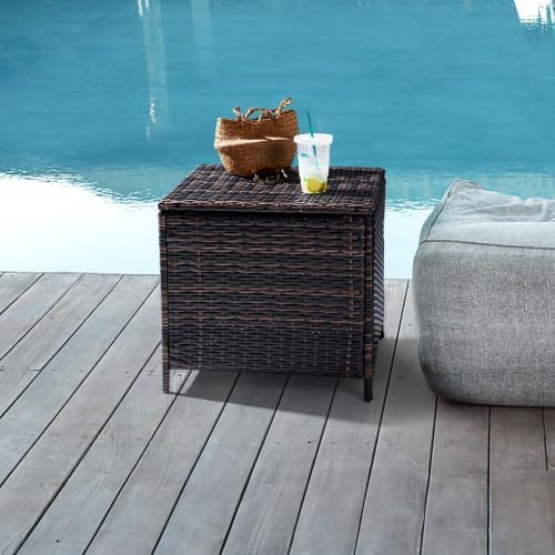 Outdoor Table with Storage, 27 Gallon Wicker Outdoor Storage Box Patio Side Tables for Outside Porch Poolside Deck Garden， Brown