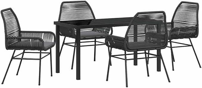Afuera Living 5 Piece Poly Rattan Garden Dining Set, Black Tempered Glass Table and Cushions, Powder-Coated Steel Frame, UV-Resistant, Modern Outdoor Patio Furniture for Garden or Deck