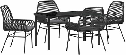 Afuera Living 5 Piece Poly Rattan Garden Dining Set, Black Tempered Glass Table and Cushions, Powder-Coated Steel Frame, UV-Resistant, Modern Outdoor Patio Furniture for Garden or Deck