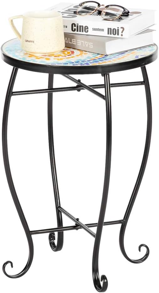 Mosaic Patio Table,Outdoor Side Table,14inch Accent Table Plant Stand Decor, Small Vintage Outdoor End Table with Stained Glass Mosaic & Iron Frame for Patio Garden Balcony Poolside (Sun)