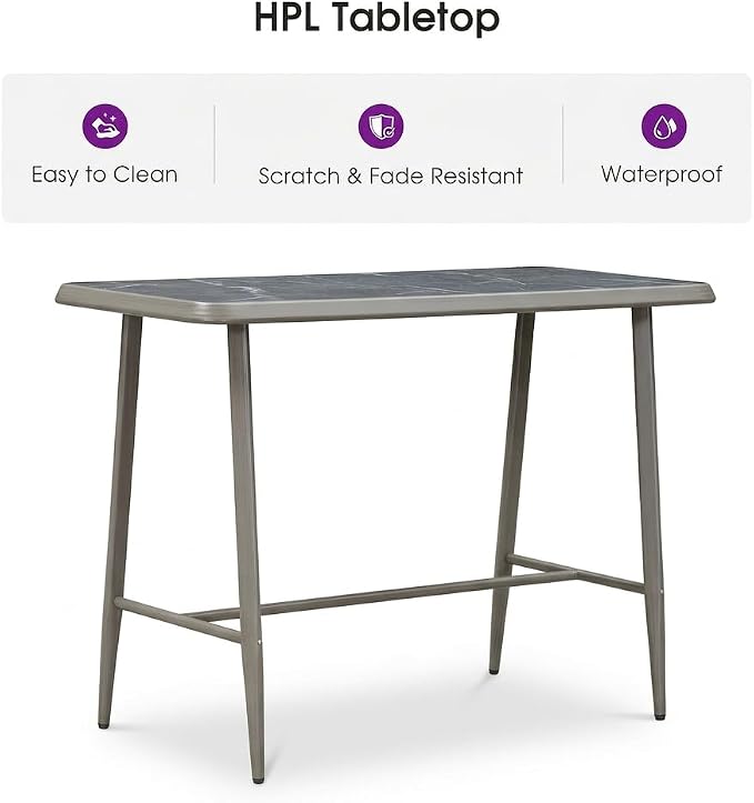 PURPLE LEAF Rectangular Patio Bar High Table Aluminum Stool Dining Table for Kitchen Indoor Outside Grey