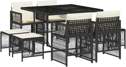 9 Piece Outdoor Dining Set Black and Cream Rattan Patio Furniture Set with Rectangular Table Chairs and Stools Space Saving Garden Conversation Set for 8 People