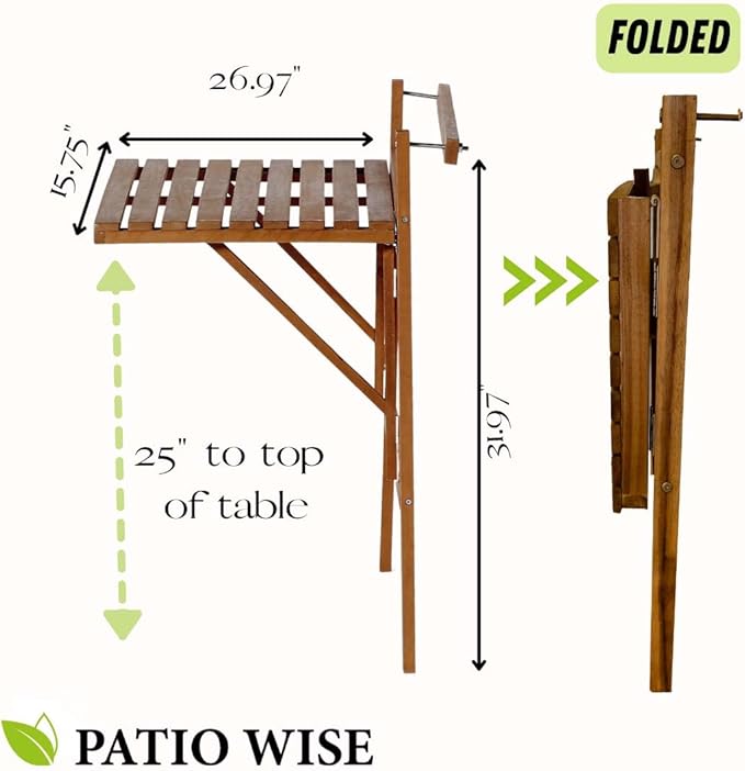 Patio Wise Outdoor Folding Balcony Table, Foldable Acacia Wood Deck Bar, Portable Apartment, Balcony, Railing, & Porch Furniture, 27-Inches W x 15 3/4-Inches D x 31.97-Inches H, Teak
