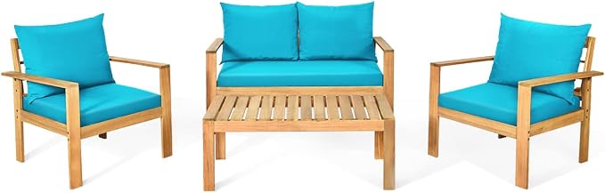 COSTWAY 4 Pieces Outdoor Acacia Wood Sofa Set, Outdoor Conversation Sofa Set with Table & Cushions Porch Chairs for Garden, Patio, Deck