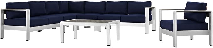 Modway Shore 7-Piece Aluminum Outdoor Patio Sectional Sofa Set in Silver Navy