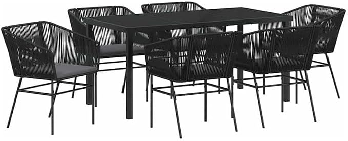 Afuera Living 7-Piece Powder-Coated Steel Garden Dining Set, Black Finish, Rectangular Table with Tempered Glass Top, Outdoor Cushions, Seats 6, Modern Patio Furniture for Balcony, Terrace or Backyard