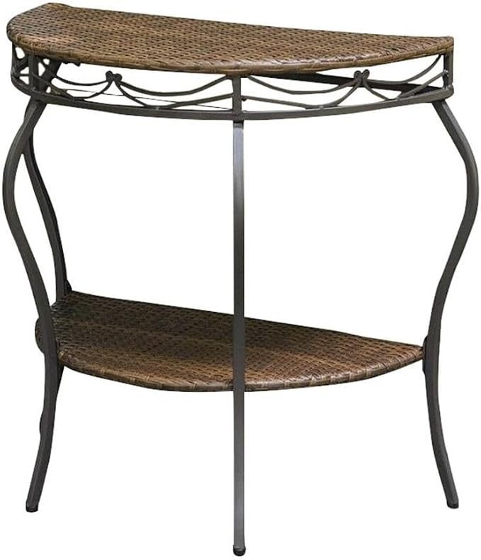 Pemberly Row Half Moon Patio Console Table, 30" H x 30" W x 15" D, Resin Wicker and Steel, Antique Brown Finish, UV Protected, Water Resistant, 2-Tier Design for Indoor or Outdoor Use