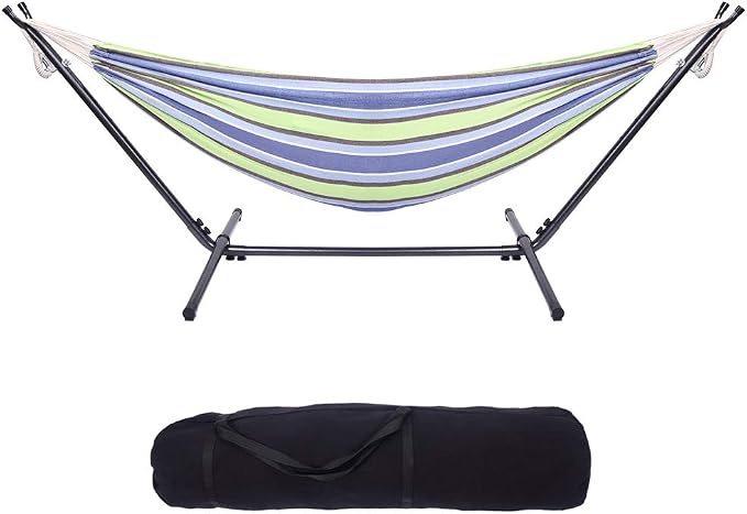 Hammock with Stand, Double Cotton Hammock with Space Saving Steel Stand, Heavy Duty Outside Garden Yard Outdoor 250lb Capacity Standing Hammocks and Portable Carrying Bag