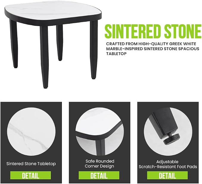Modern Outdoor Side Table with Sintered Stone Top, Aluminum Frame, Black Finish, Weatherproof & Rust-Free for Patio