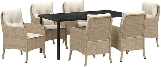 Afuera Living 7-Piece Patio Dining Set, Poly Rattan with Cushions, Beige Finish, Tempered Glass Table, Modern Outdoor Furniture for Garden, Terrace, or Backyard Seating, UV-Resistant Durable Design