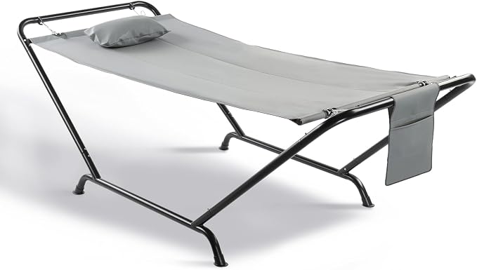ONCLOUD Freestanding Hammock with Stand, 600LBS Heavy Duty Outdoor Hammock, Safety Cofy Outdoor Hammock with Stand, 4 Point Hammock Bed for Yard, Patio,Bedroom- with Soft Pillow & Storage Bag (Grey)