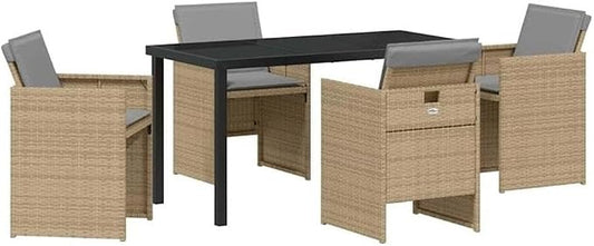 Afuera Living 5 Piece Poly Rattan Garden Dining Set, Beige Cushions, Tempered Glass Tabletop, Powder-Coated Steel Legs, Foldable UV-Resistant Chairs, Modern Patio Set for Outdoor Dining or Gatherings