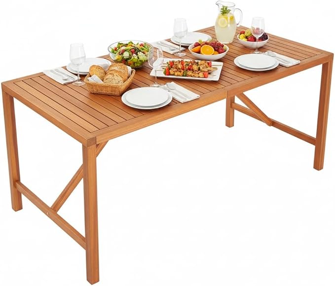 Tangkula 55" Acacia Wood Outdoor Dining Table for 4-6 Person, Rectangular Patio Dining Table with 2" Umbrella Hole and Support Bars, Indoor Outdoor Dining Furniture for Deck, Garden, Poolside & Yard