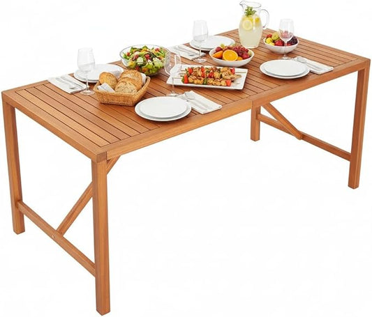 Tangkula 55" Acacia Wood Outdoor Dining Table for 4-6 Person, Rectangular Patio Dining Table with 2" Umbrella Hole and Support Bars, Indoor Outdoor Dining Furniture for Deck, Garden, Poolside & Yard