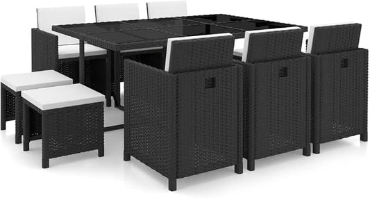 11 Piece Patio Dining Set with Cushions, Black Poly Rattan Outdoor Furniture Set with 1 Table, 6 Chairs, 4 Stools, 16 Cushions, Powder-Coated Steel Frame, Glass Top